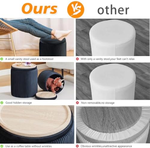 BLEXA Round Storage Ottoman, Set of 2, Velvet Vanity Stool, Black