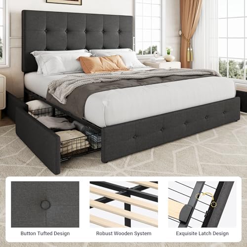 Allewie Full Size Storage Bed Frame with 4 Underbed Drawers, Upholstered Platform Bed with Adjustable Headboard, Square Button Tufted, Easy Assembly, Noise-Free, No Box Spring Needed, Dark Grey