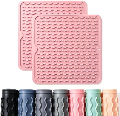 2 Pack Caketime Silicone Dish Drying Mat for Kitchen Counter Cooking Baking Liners Drawer Storage Refrigerator Espresso Machine Station Utensil Holder Washer Trivets Oven Grill Gifts 12"x12" Pink