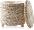 Casafield 17" Round Storage Ottoman with Lid - Whitewash White, Handwoven Water Hyacinth Footstool for Living Room, Bedroom, Bathroom, Home Office