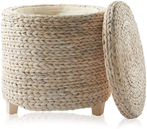 Casafield 17" Round Storage Ottoman with Lid - Whitewash White, Handwoven Water Hyacinth Footstool for Living Room, Bedroom, Bathroom, Home Office