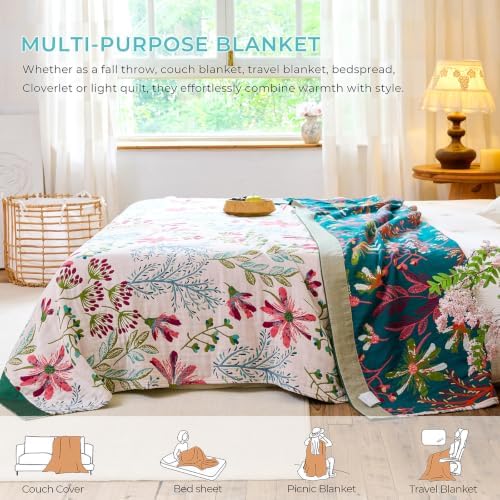 Boho Botanical Throw Blanket for Bed Sofa Decor 60"x80" White/Teal