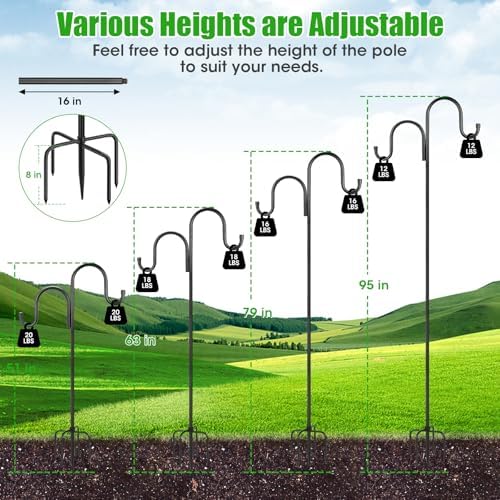 84 Inch Double Shepherds Hooks for Outdoor, Heavy Duty Bird Feeder Pole with 5 Prongs Base for Hanging Lantern, Hummingbird Feeder, Lightweight Plant, Shepherds Hook for Bird Feeders for Outside
