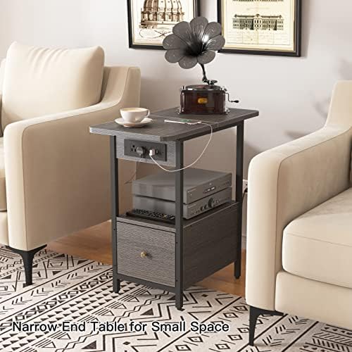 LIDYUK End Table with Charging Station, Narrow Side Table with Drawer