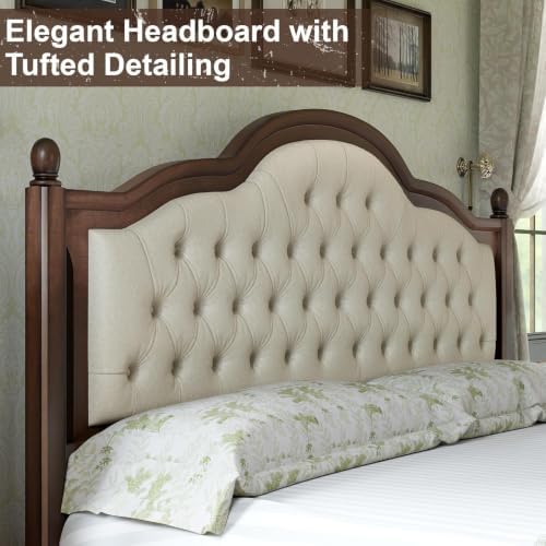 AMERLIFE King Size Solid Wood Bed Frame with Upholstered Tufted Headboard