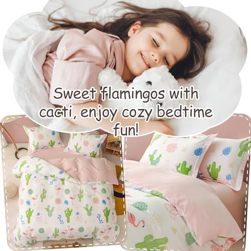 Simple&Opulence 100% Organic Cotton Duvet Cover for Kids Teens, 4 Pieces Soft Comforter Cover with Zipper Closure Warm Adorable Flamingo Bedding Set - Cactus, Full/Queen