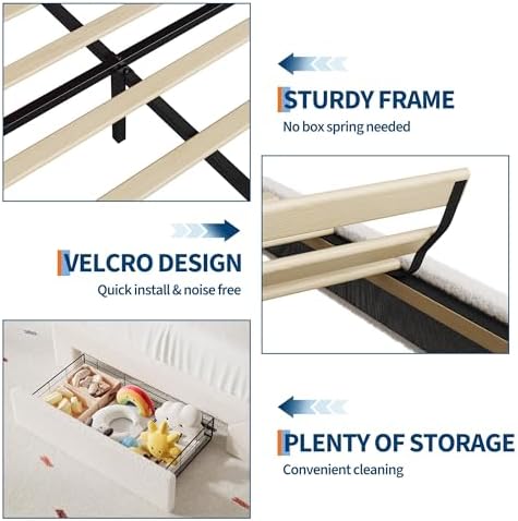 IDEALHOUSE Bed Frame with Adjustable Upholstered Headboard Boucle Platform Bed Frame with Storage Drawers Princess Bed Frame, No Box Spring Needed,Easy Assembly, Twin, White