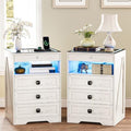 Nightstand Set 2 with Lockable Gun Drawer,Farmhouse Bedside Table with Charging Station and 3 LED Lights, Modern Night Stand with 3 Drawers,Glass Top End Side Table for Bedroom（White）