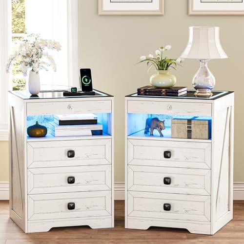 Nightstand Set 2 with Lockable Gun Drawer,Farmhouse Bedside Table with Charging Station and 3 LED Lights, Modern Night Stand with 3 Drawers,Glass Top End Side Table for Bedroom（White）