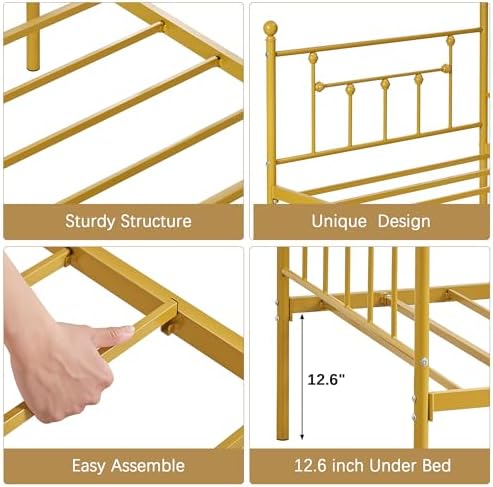 VECELO Twin Size Daybed Frame Metal Steel Slat Support with Headboard Sofa Bed Platform for Living Room, Guest Room, Easy Assembly, Gold