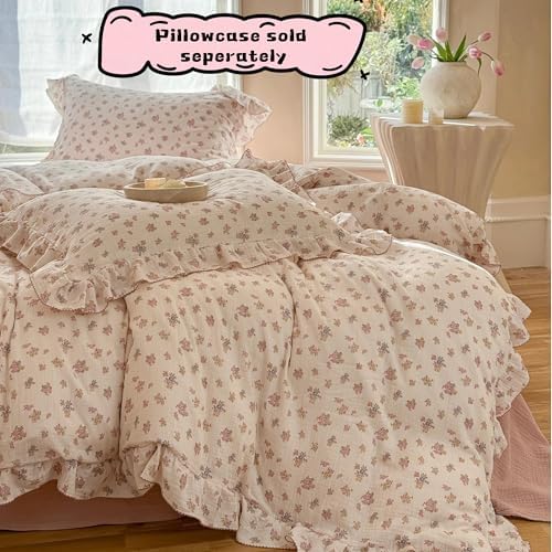 Pink Floral Muslin Duvet Cover Queen with Ruffles,Tuberose,No Pillow