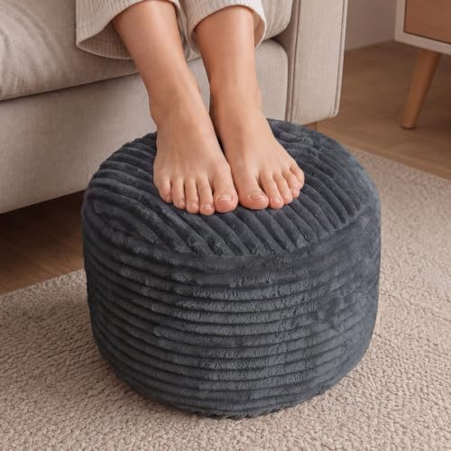 SHOUREN Stuffed Round Ottoman,Pouf Ottoman Foot Rest,18 X 14,Dark Grey
