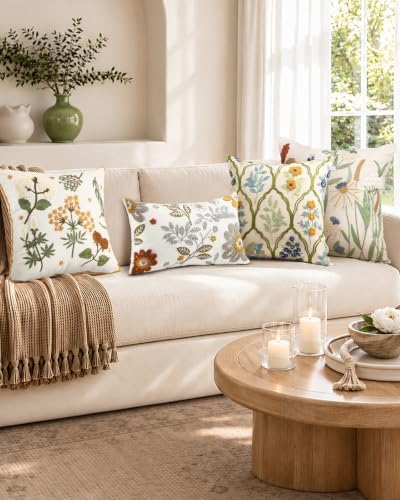 Embroidered Floral Throw Pillow Cover 20x20 Inch, Teal Flower