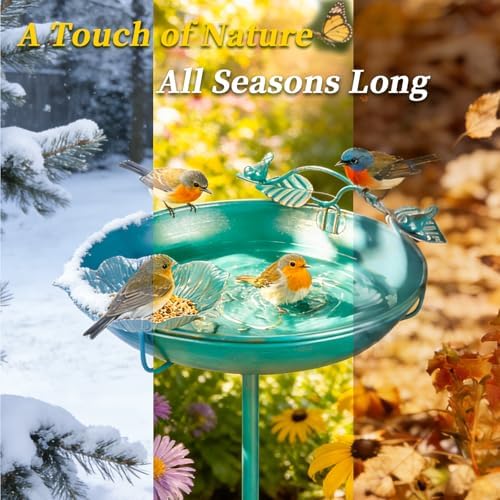 Mellbree Bird Bath for Outside 12", Metal Freestanding 12" Dia 39" H Lake Blue Gold Gilding Birdbath with Perch & Feeder Bowl, Multi-Functional for Garden Patio Yard Lawn Outdoor Decor