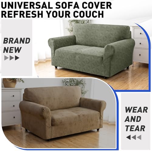 YEMYHOM 1 Piece Stretch Couch Covers for 2 Cushion Couch, Jacquard Loveseat Cover with Non-Slip Elastic Bottom, Thickened Slipcover Furniture Protector for Dogs Pets (Medium, Army Green）