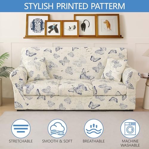 Stretch Printed Sofa Cover Couch Covers, 6-Piece Sofa Slipcovers with 3 Separate Cushion Cover & 2 Pillow Case, Washable Soft Spandex Furniture Protector for Living Room(Sofa,Butterfly)