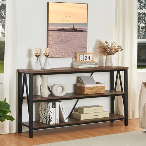 Entryway Console Table, 3 Tier Entry Table with Open Shelves, Brown, 55 IN