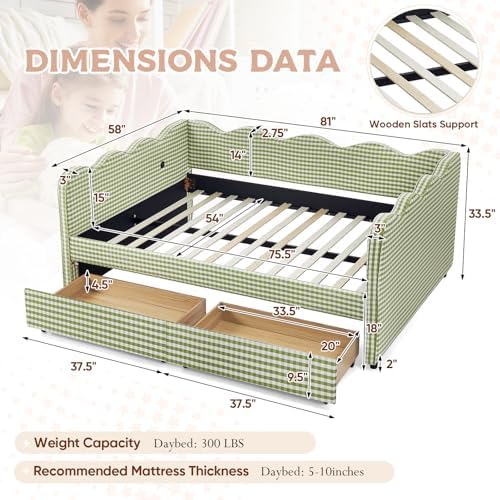 Full Size Daybed with Storage Drawers, Linen Gingham Daybed with USB Ports & Wave Shaped, Upholstered Day Bed Frame, Modern Sofa Bed for Living Room/Bedroom/Guest Room, No Box Spring Needed, Green