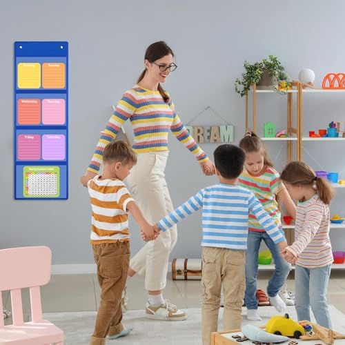 Watersay 2 Pcs Storage Pocket Chart for Classroom, 4 Pockets, Blue