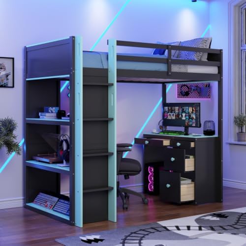 LUMISOL Twin Gaming Loft Bed with Desk and Storage Shelves, Solid Wood Loft Bed with Drawers and Computer Desk for Teens, Space Saving High Loft Bed Frame for Kids Bedroom Blue