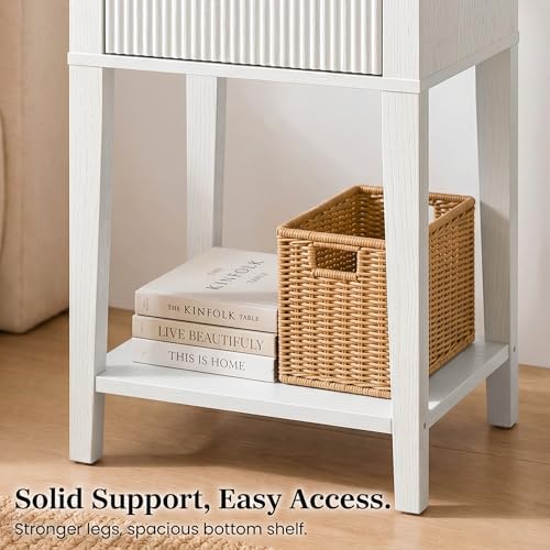 White 15.4" Wide Small Nightstand with Drawer,Open Shelf,Fluted Front