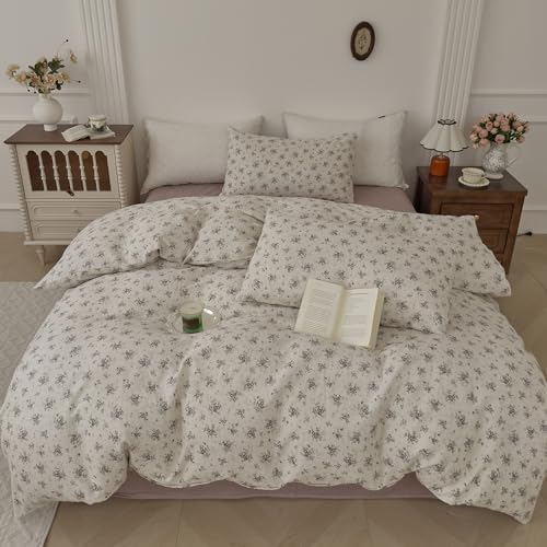 Floral Duvet Cover Queen Cotton Double Gauze Comforter Cover Queen Size Aesthetic Boho Cottagecore Vintage Duvet Cover Set with Zipper Country Soft Bedding Set for Girls Duvet Protector