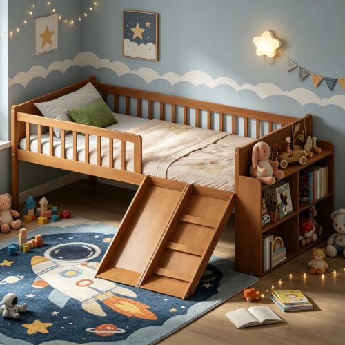 SOFTSEA Twin Size Low Loft Bed with Slide and Guardrails, Wood Loft Bed Frame with Storage Shelves for Kids, Natural
