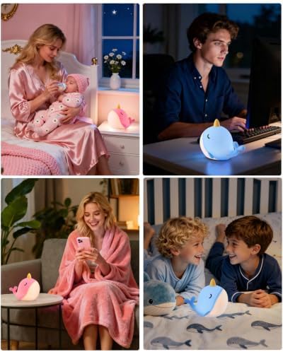 Fuloon Narwhal Night Light, 3 Dimming Silicone Touch Lamp with Rechargeable Battery & Timer, Cute Squishy Unicorn Whale Desk Decor, Funny White Elephant Gift for Adults Teens Kids (Pink+Blue 2PCS)