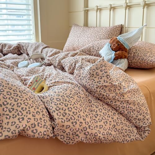 Leopard Duvet Cover Set Queen,Muslin Cotton,Nude Beige Pink