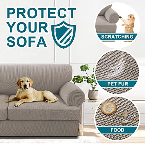Turquoize 4 Piece T Cushion Sofa Slipcovers Stretch Couch Cover Furniture Covers with 3 Individual T Cushion Covers, Machine Washable (3 Cushion Sofa, Taupe)