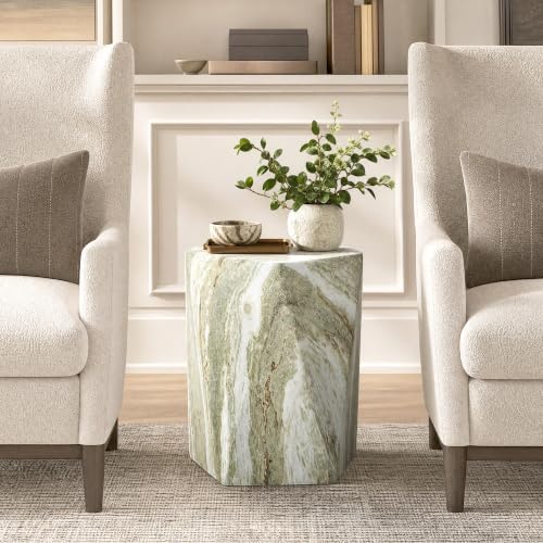 18" Pentagonal Concrete Side Table, Green Marble-Look Accent End Table