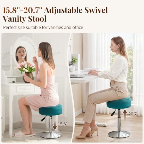 LUE BONA Adjustable Vanity Stool, 360 Swivel Chair for Makeup Room, Vanity Chairs, Teal Faux Leather Stool for Bathroom & Living Room