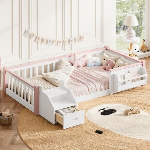 Twin Over Twin House Bunk Bed Frame with Bookshelf and Drawer, White