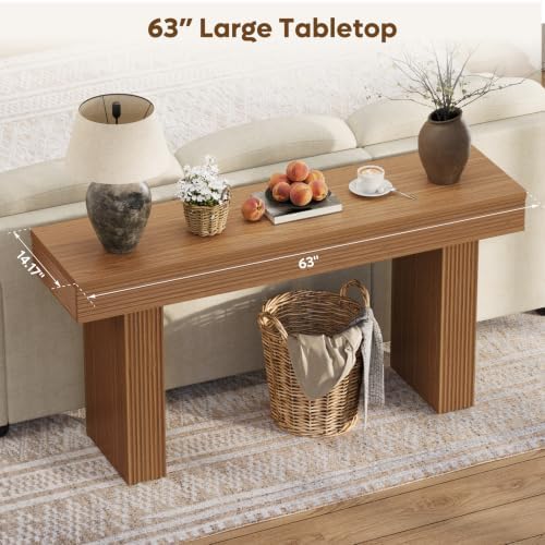Bestier 63” Entryway Table, Wood Fluted Console Table Behind Couch, Brown