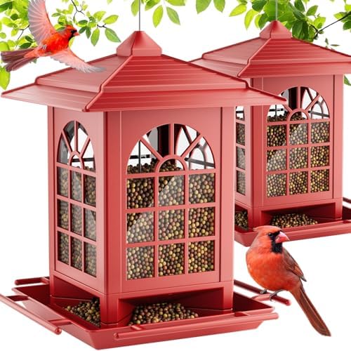 Birdream 2 Pack Bird Feeders for Outdoor Hanging, Assembly Required, 1-Min Easy Setup, Classic Courtyard Design, Attracting Cardinals Chickadees Goldfinches & Sparrows - Red