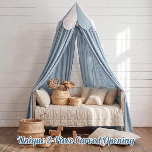 Bed Canopy with Scalloped Edge, 2 Panel Striped, Blue