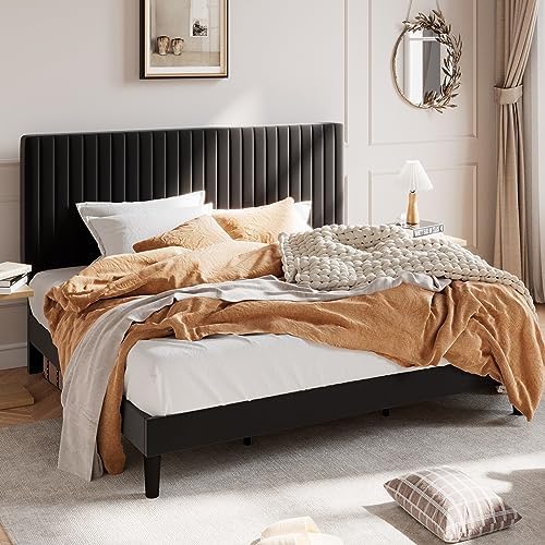 SHA CERLIN King Upholstered Platform Bed Frame with Adjustable Headboard/Vertical Channel Tufted Velvet Fabric/Wooden Slats Support/Mattress Foundation/Box Spring Optional/Black