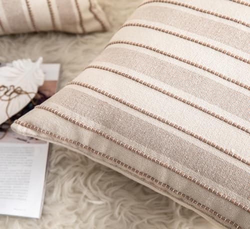 Cethom Decorative Boho Throw Pillow Covers, Farmhouse Textured Pillow Case, 22 x 22 Inch Set of 2, Chair Sofa Bedroom Living Room Home Decor Couch Cushion Case, Taupe and Beige Striped
