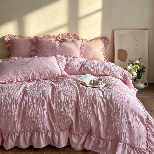 Cottagecore Ruffled TwinXL Duvet Cover Set Pink Wavy Jacquard Shabby Chic Bedding Set 3 Pieces, Microfiber Zipper Comforter Cover and 2 Pillowcases French Vintage Bedding Duvet Cover for All Seasons