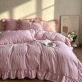 French Chic Ruffled Duvet Cover Full Size Pink Wavy Jacquard Bedding Set 3 Pieces, Microfiber Zipper Comforter Cover and 2 Pillowcases Aesthetic Retro Girls Women Bedding Duvet Cover for All Seasons