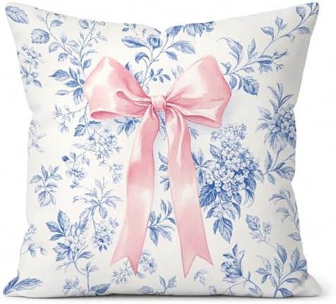 Blue Floral Pink Bow 18x18 Pillow Cover, Girly Room Decor