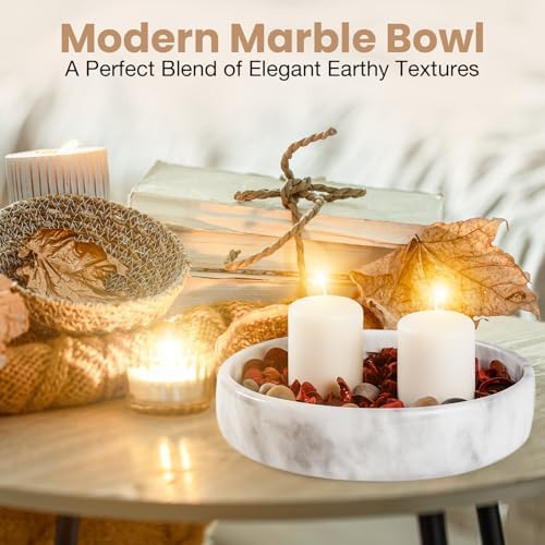 FNTSTICGOODS Marble Decorative Bowl - 7.5" White/Grey Solid Marble Centerpiece - Handmade Stone Fruit Bowl - Catch-All or Key Bowl for Kitchen - Modern Minimalist Decor