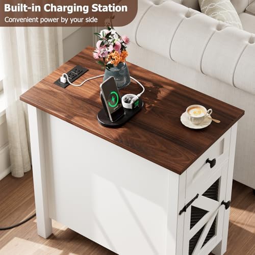 Farmhouse End Table with Charging Station, Narrow Side Tables with Storage