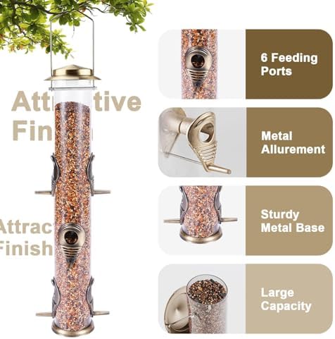 MIXXIDEA 2PK Metal Bird Feeders with 6 Feeding Ports,Tube Bird Feeder with Steel Hanger,Hard Plastic Wild Bird Feeder for Outdoors Hanging, Attracting Birds in Your Lawn, Garden, Balcony (Bronze)