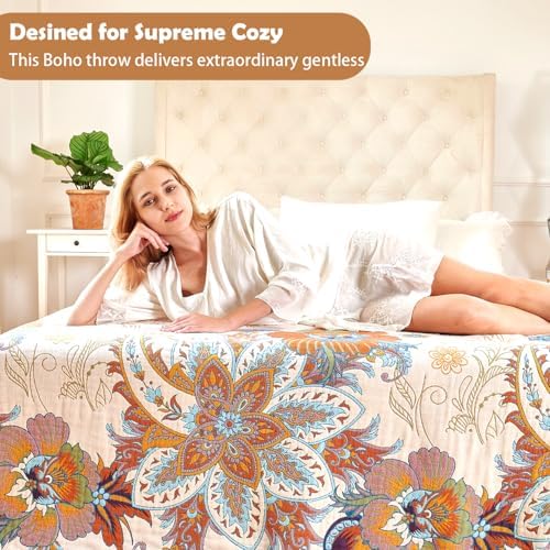 VANJOROY Boho Throw Blanket, 100% Organic Cotton Breathable Skin-Friendly Ultra Soft Bed Quilt Throw - All Season Floral Bird Farmhouse Décor Luxury Blanket for Sofa Couch Chair and Gift. 80" x 90"