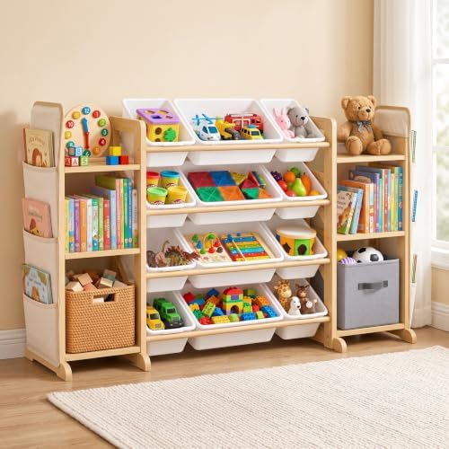 Toy Storage Organizer for Kids, 12 Bins, 2 Bookshelves & 2 Book Pockets