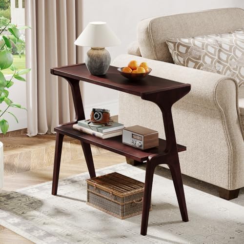 Tribesigns Solid Wood End Table, 2-Tier Farmhouse Side Table with Storage Shelves, Slim Side Table for Couch with Unique Legs, Long Bedside Table for Bedroom, Living Room, Burgundy
