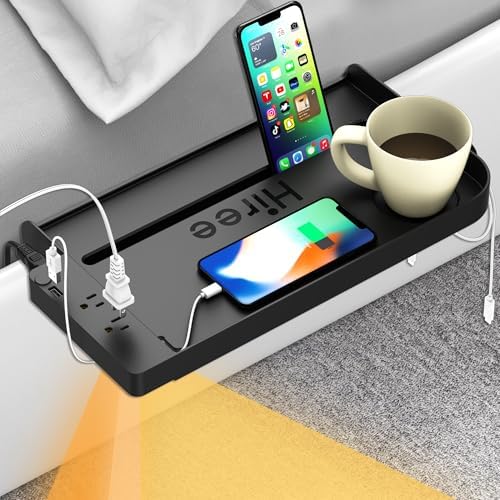 Bedside Shelf for Dorm Bunk Bed with USB Charging Port and 2 AC Outlets, Bedside Caddy, Attachable Bedside Table, College Dorm Essential Clip On Bedside Tray, Bunk Bed Accessories, Bedroom Furniture