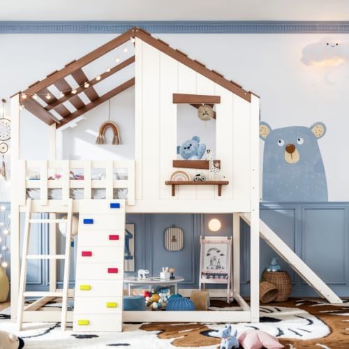 Full Size House Bunk Bed with Convertible Slide & Ladder, Beige