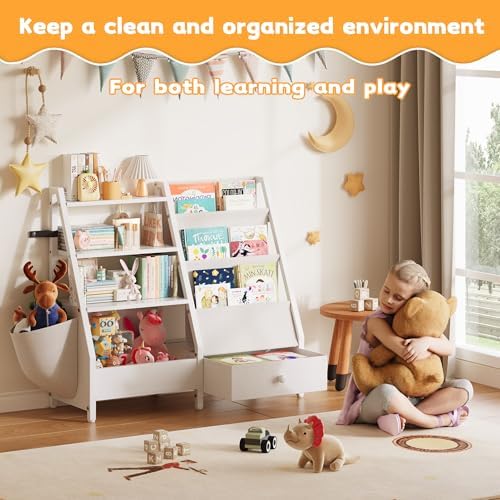 White Kids Bookshelf and Toy Storage Organizer for Toddler Nursery